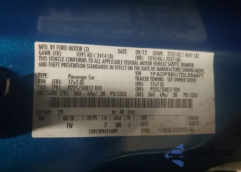 2013 Ford C-Max Hybrid Sel z USA, uszkodzony, nr VIN 1FADP5BU7DL554477